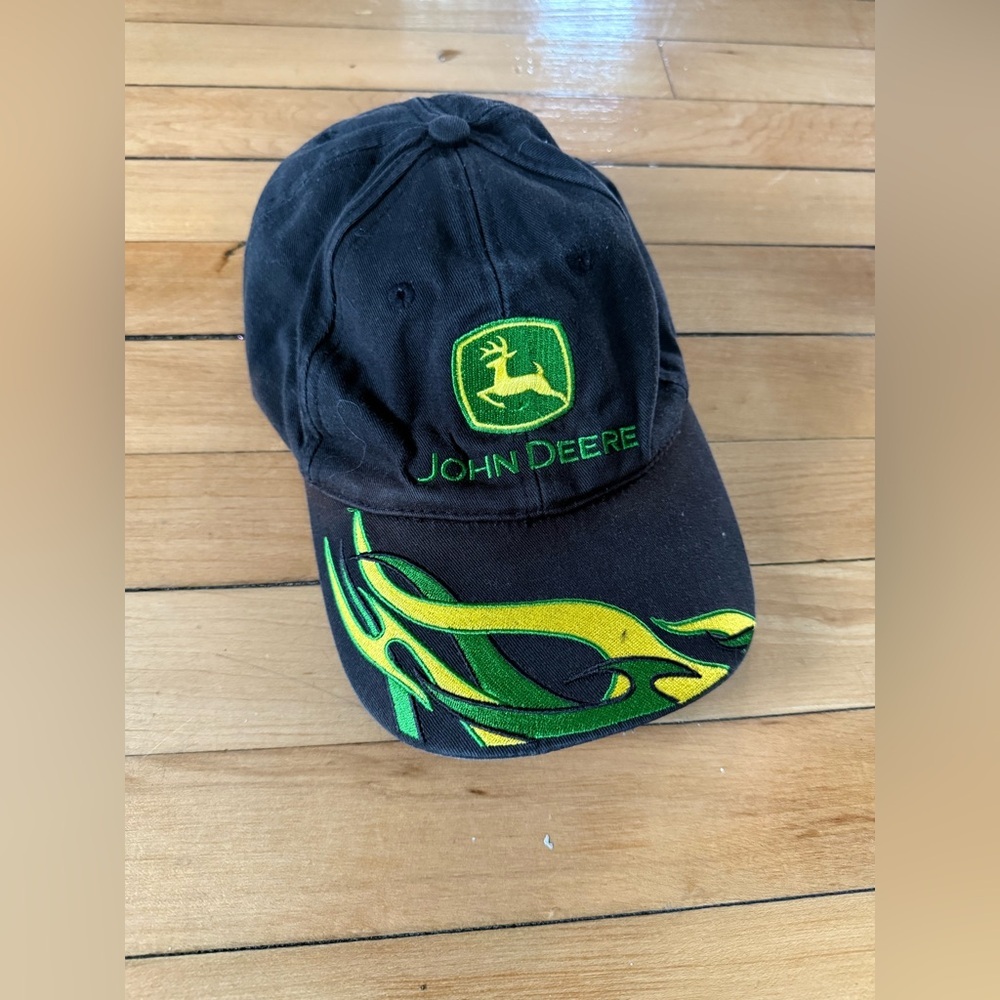 John Deere Racing green and yellow flames black hat